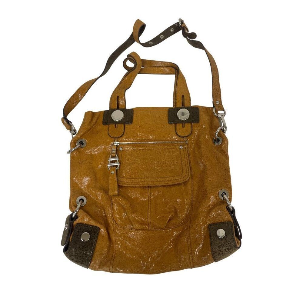 B. Makowsky Womens Shoulder Crossbody Bag Brown Metallic Genuine Leather Tan